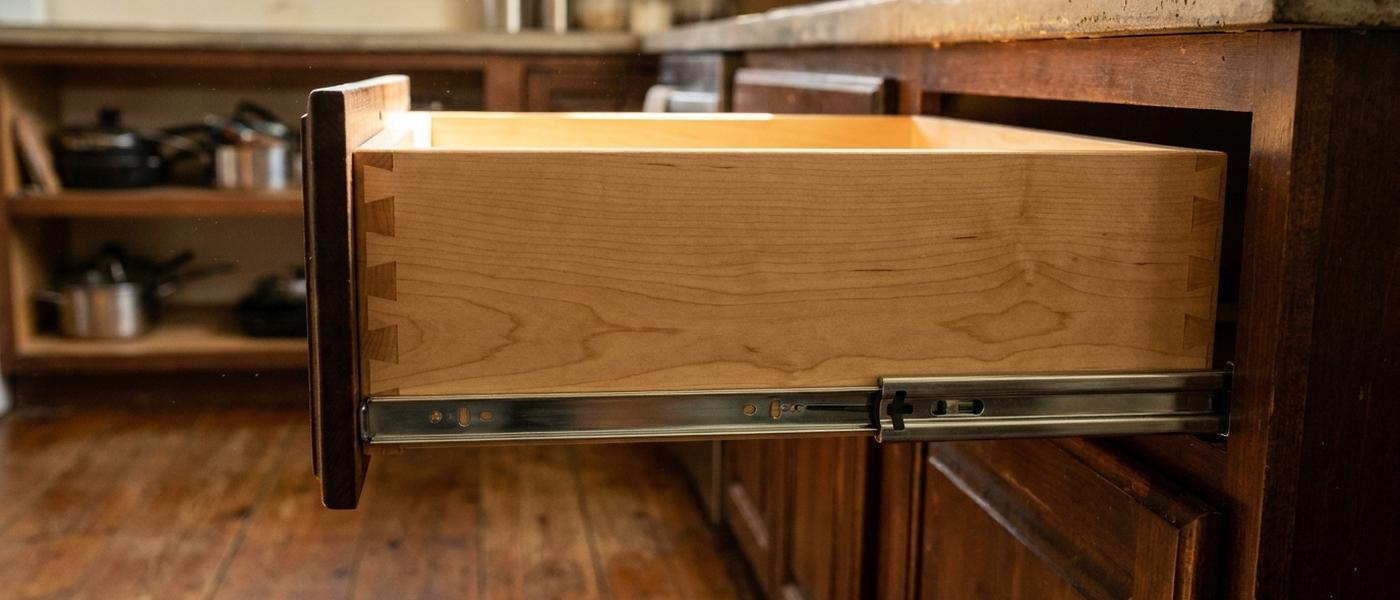 A solid maple dovetailed drawer box pulled fully open from a kitchen cabinet on full-extension undermount glides, joinery clearly visible