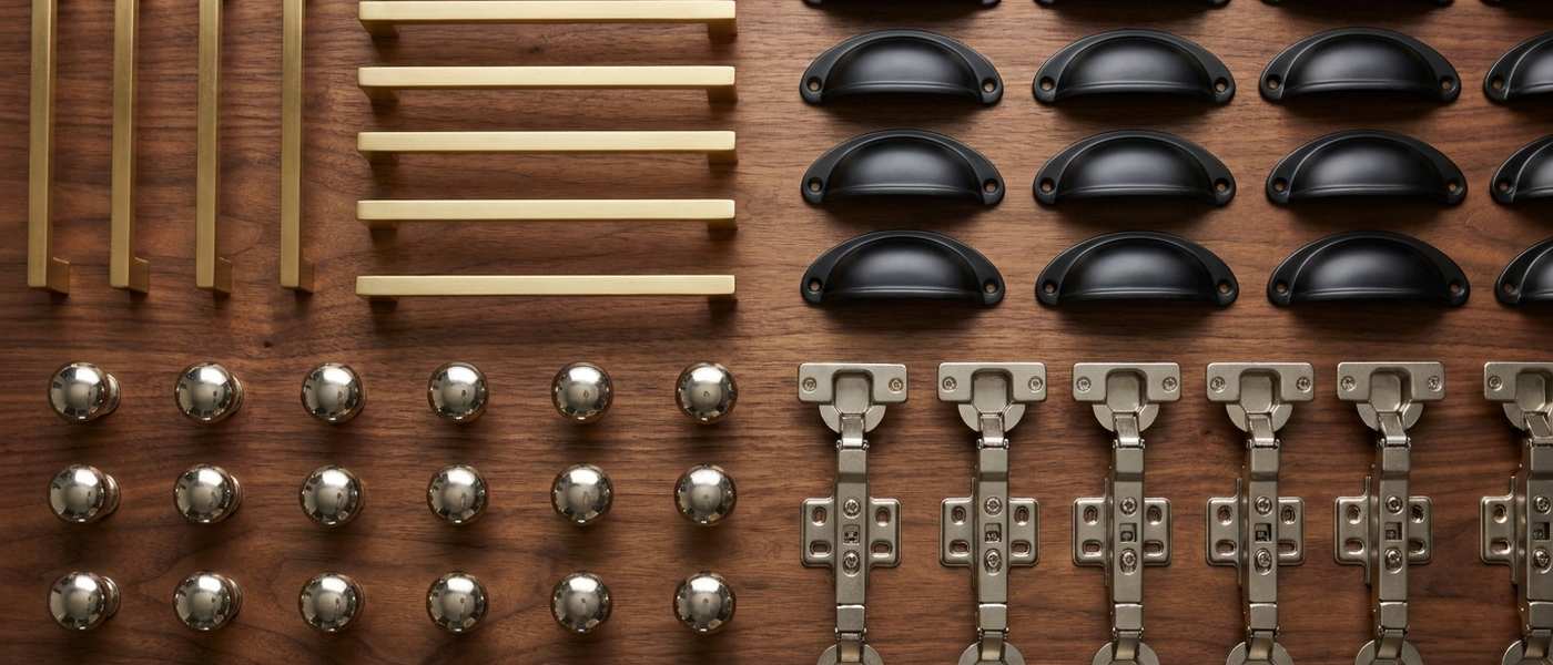New cabinet hardware laid out in rows on a walnut surface: brushed brass bar pulls, matte black cup pulls, polished nickel knobs and soft-close hinges