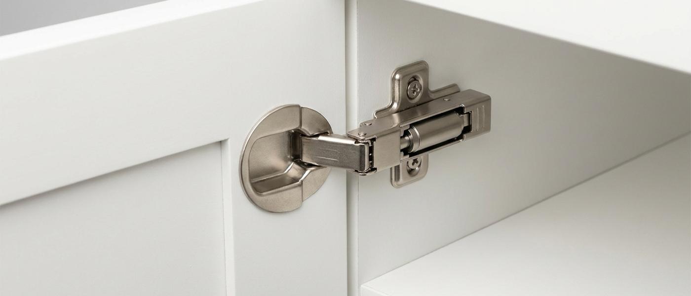 Close-up of a nickel concealed soft-close cabinet hinge with its cup, mounting plate and damper visible on a white painted cabinet door