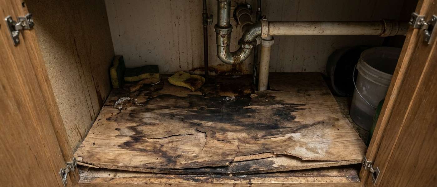 The inside base of an old sink cabinet with the panel swollen, cracked, delaminated and stained black from a long slow plumbing leak