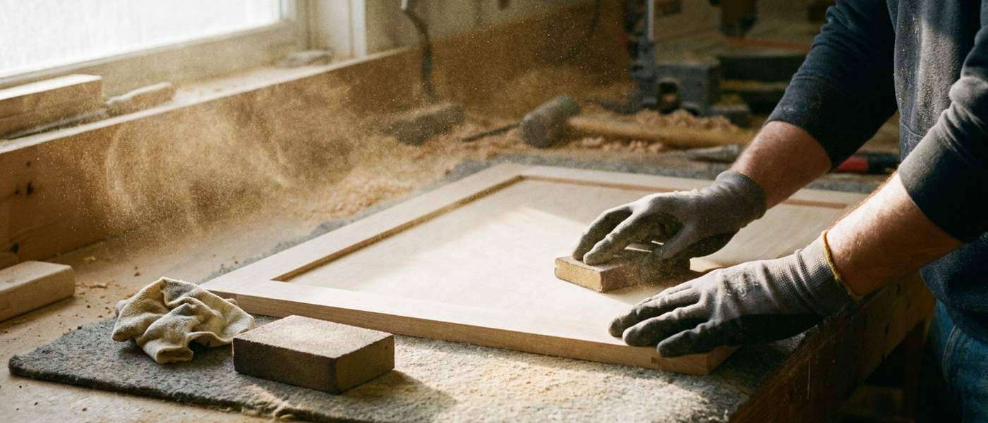 Gloved hands hand-sanding the flat centre panel of a cabinet door on a padded workbench with fine dust in low raking light