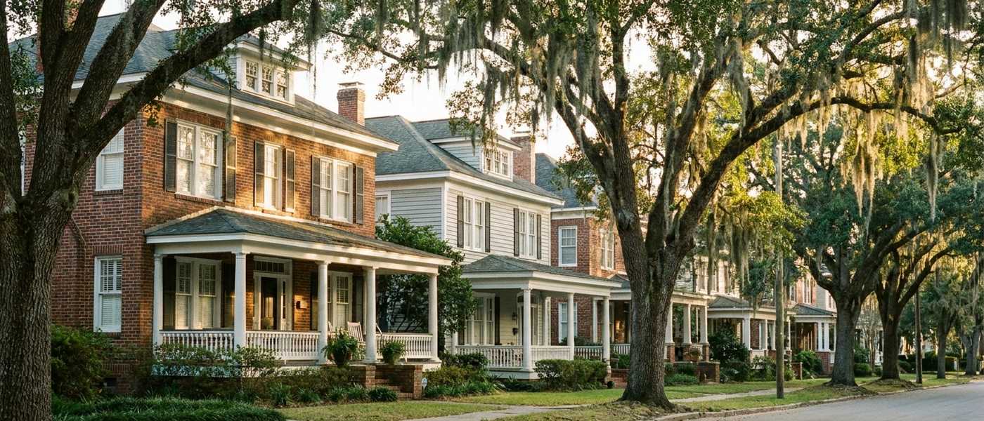 A quiet tree-lined street of early twentieth century brick and clapboard houses with deep porches under mature oaks in southern afternoon light