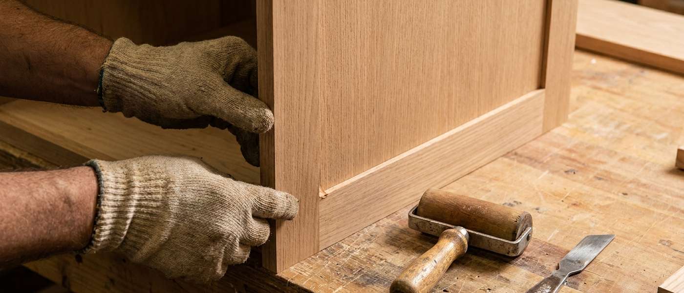 Gloved hands smoothing a sheet of natural wood veneer onto a cabinet panel on a workbench, with a J-roller and trim knife beside it